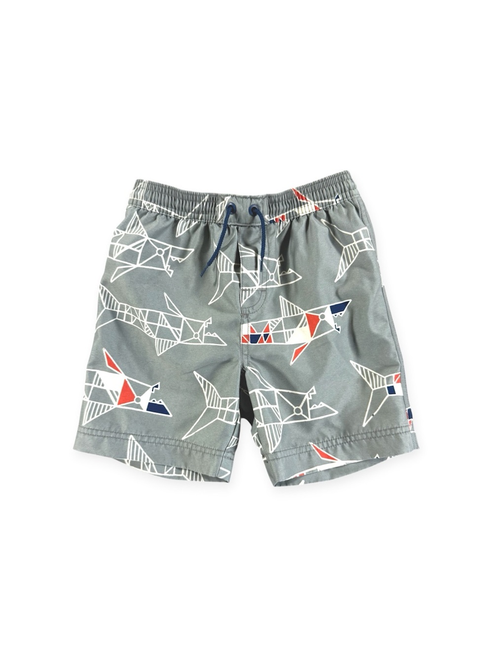 🌊 Tea Collection Boys Geometric Shark Print Gray Swim Trunks – Size 4